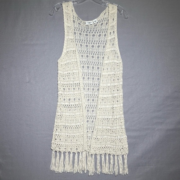 Cato Tops - Crochet cardigan open knit long fringed Coachella country southwestern ivory L